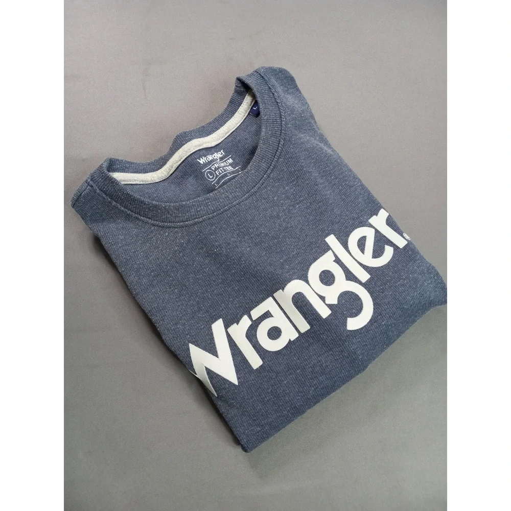 Wrangler Mens Long Sleeve Premium Fit Tee Blue Cotton Logo Shirt Large
